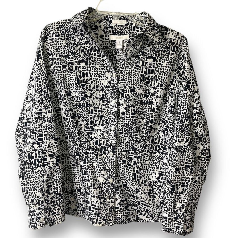 Chico's Women's Snakeskin Pattern‎ No-Iron Button-Front Blouse White Size 8